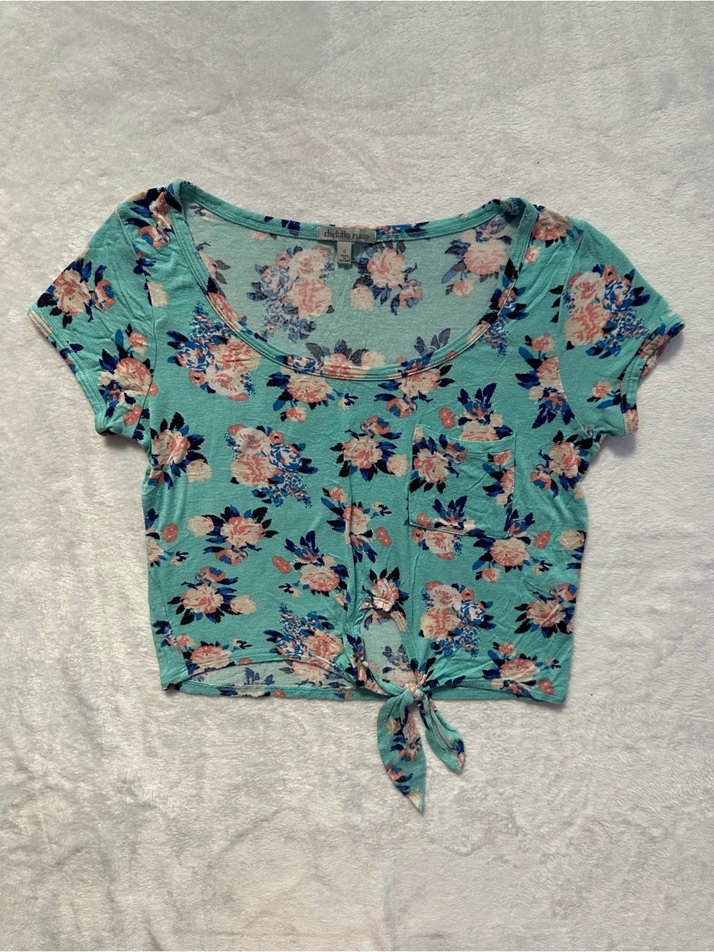 Charlotte Russe Floral Tie Front Crop Top in Blue Size Small Short Sleeve